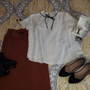White Sheer Blouse with Attached Black Bow